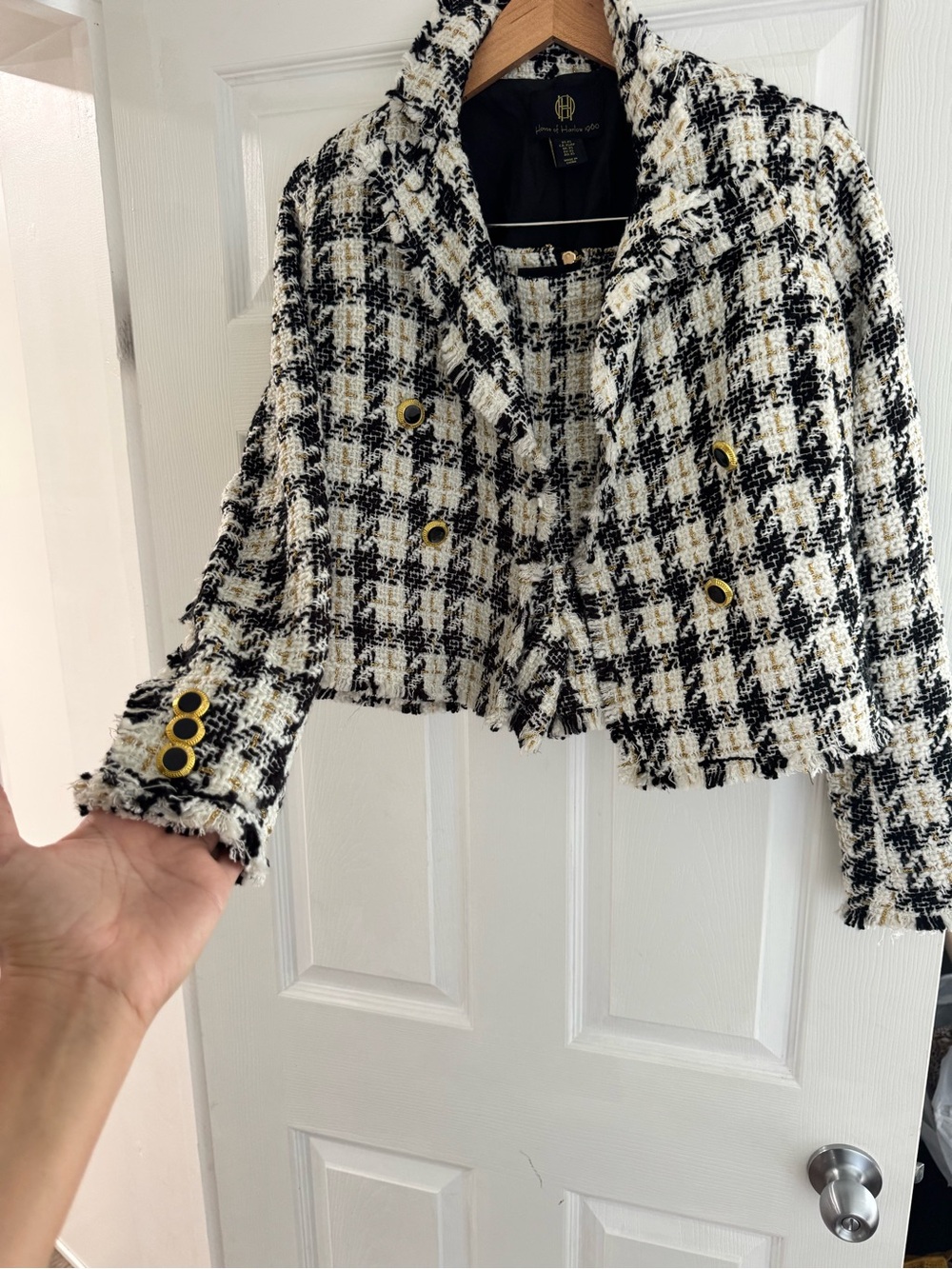 House of Harlow 1960 Tweed Blazer & Shorts Set Black White Gold Size 4